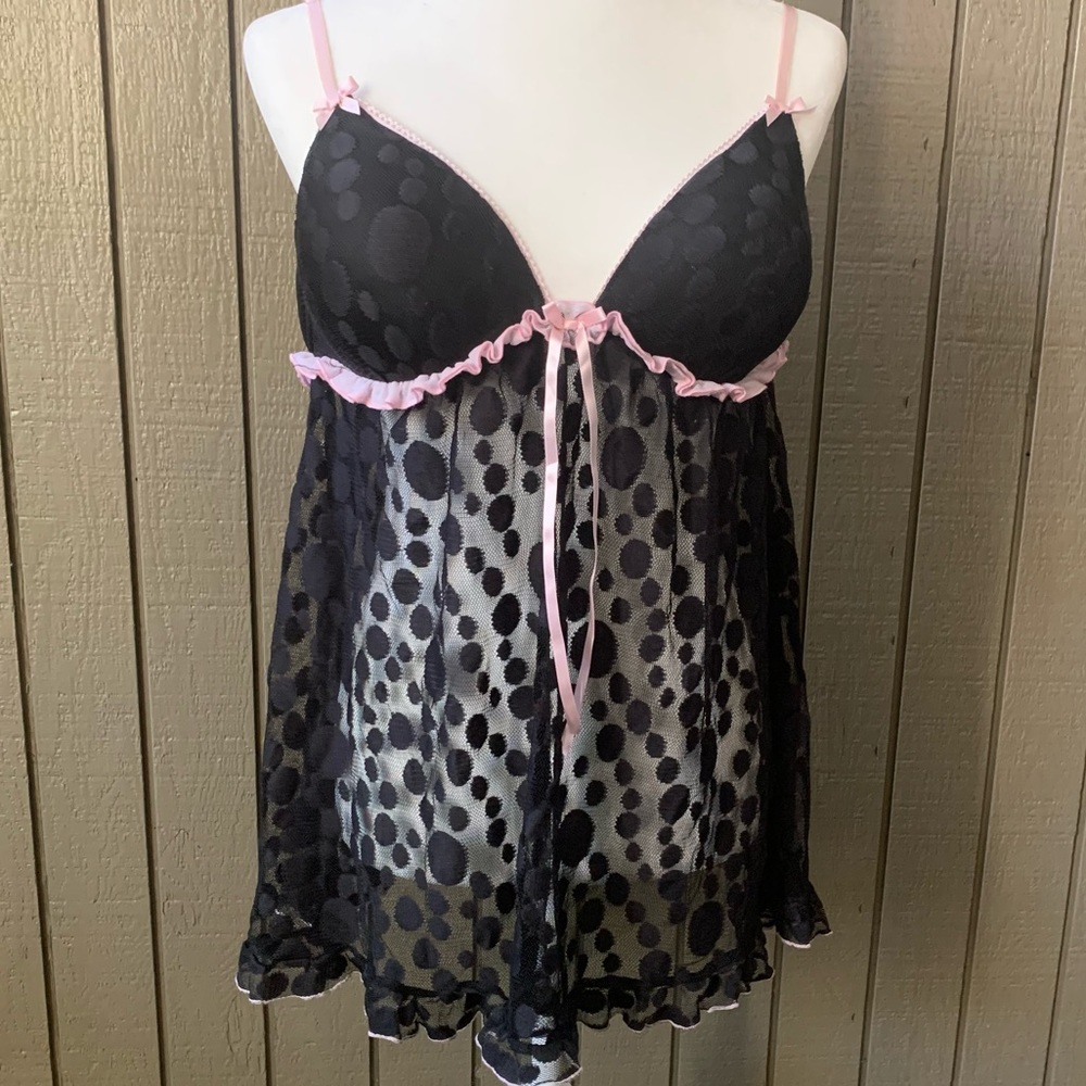 Linea Donatella Lace Polkadot Babydoll Lingerie Nightwear Black Size XL